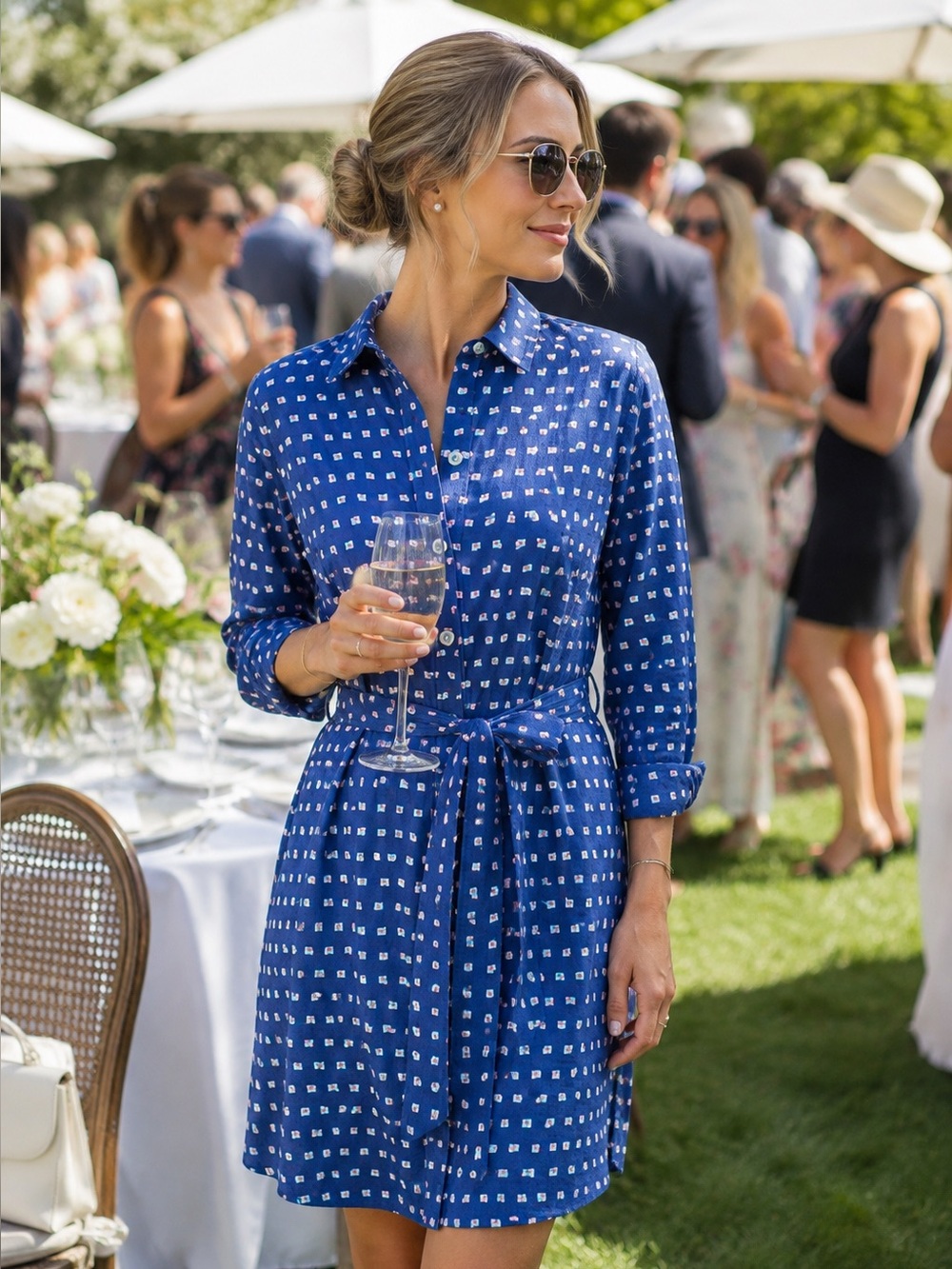 Kayce Hughes Camera Print Shirt Dress Belted Blue Cotton Preppy Casual Size 10